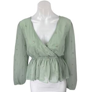 Lulus Green Long Sleeve Embellished Faux Wrap V Neck Peplum Blouse Top Size M